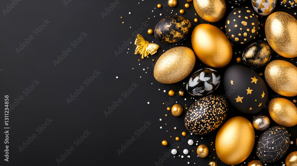Fototapeta premium Elegant black and gold Easter eggs on dark background