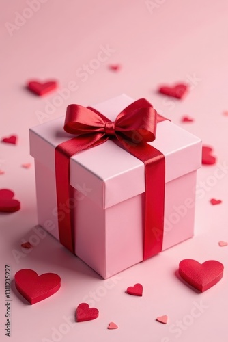 Elegant pink gift box adorned with scattered red hearts , valentines day, adorable