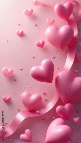 Floating pink hearts, delicate ribbon, soft blur, fantasy, enchanted, pink