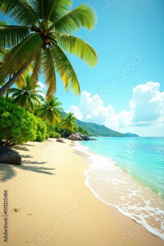 Golden sand, clear water, lush palm trees, bright sunlight , vacation, ocean, summer