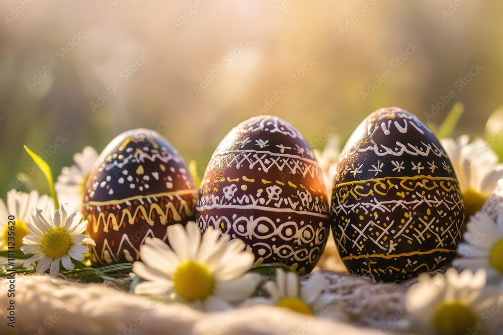 Fototapeta premium A macro shot of three intricately designed Easter eggs, gentle shadows, surrounded by fresh daisies, warm and inviting scene