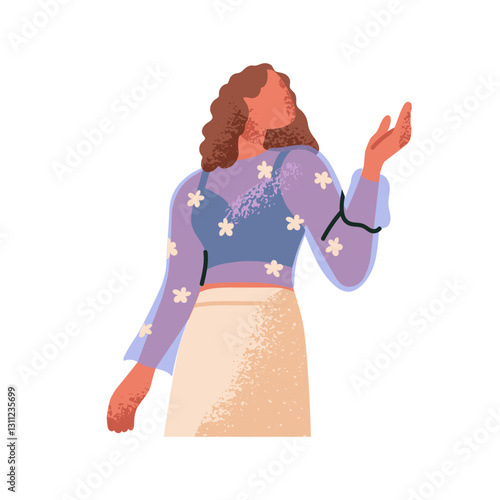 Young woman in spring outfit. Female, girl gesturing with hand, wearing elegant feminine fashion clothes, romantic style apparel, blouse, skirt. Flat vector illustration isolated on white background