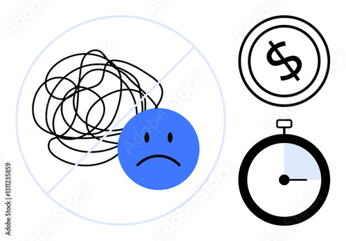 Messy black lines crossed out, sad face, stopwatch, and dollar coin suggest stress or procrastination affecting money and time. Ideal for mental health, productivity, time management, financial