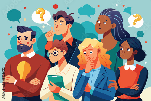 A diverse group of individuals is pondering ideas and concepts, showcasing deep contemplation and teamwork, People thinking about