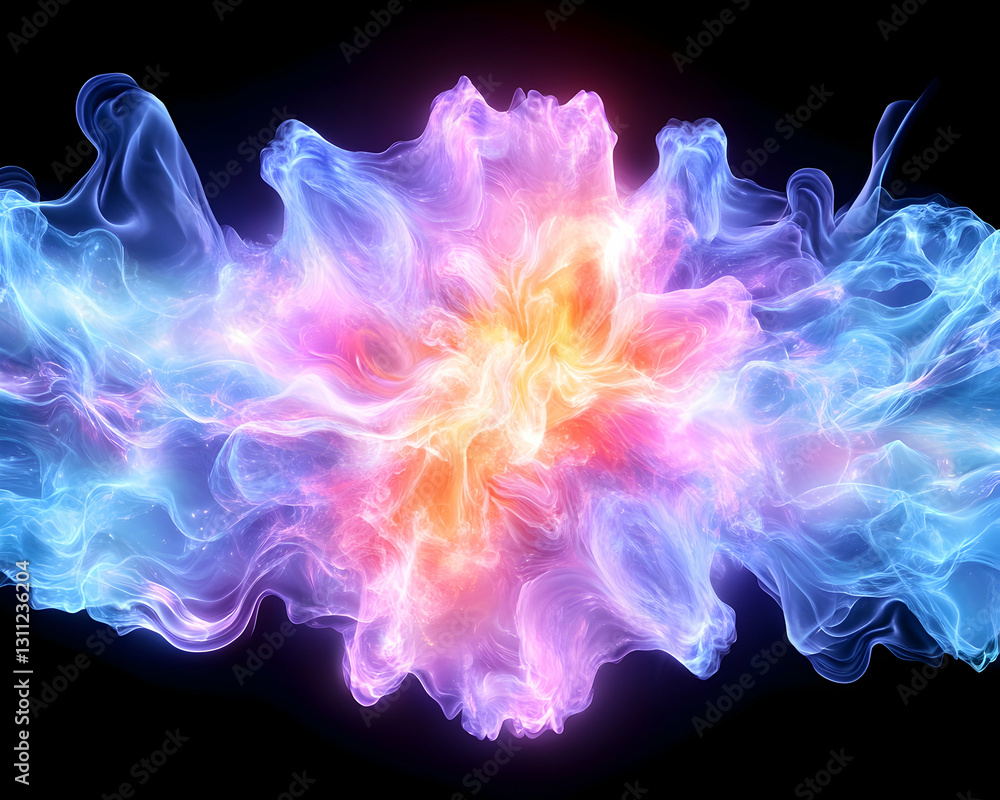 Obraz premium Ethereal bloom radiating vibrant energy against the void, symmetrical fractal