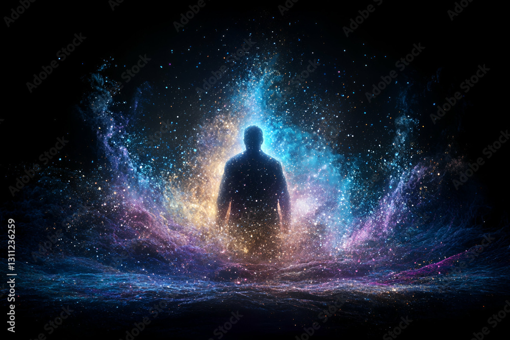 Obraz premium Ethereal Figure in Cosmic Dust, Mystical Scene