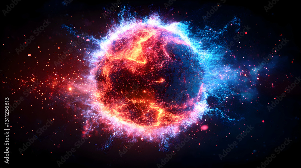 Exploding star with blue, red flares in deep, dark space background Exploding star with blue, red flares in deep, dark space background