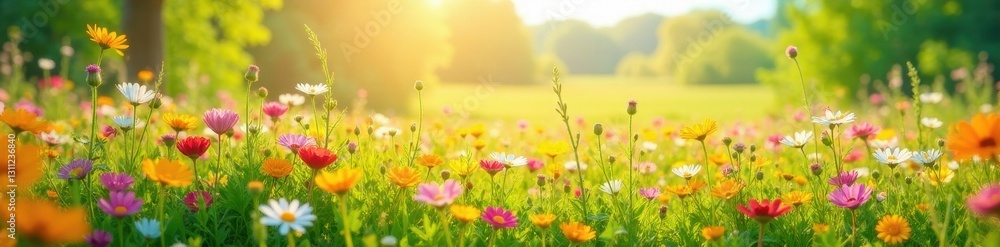 Fototapeta premium Vibrant wildflowers carpet sun-drenched field, blossoms, pastel