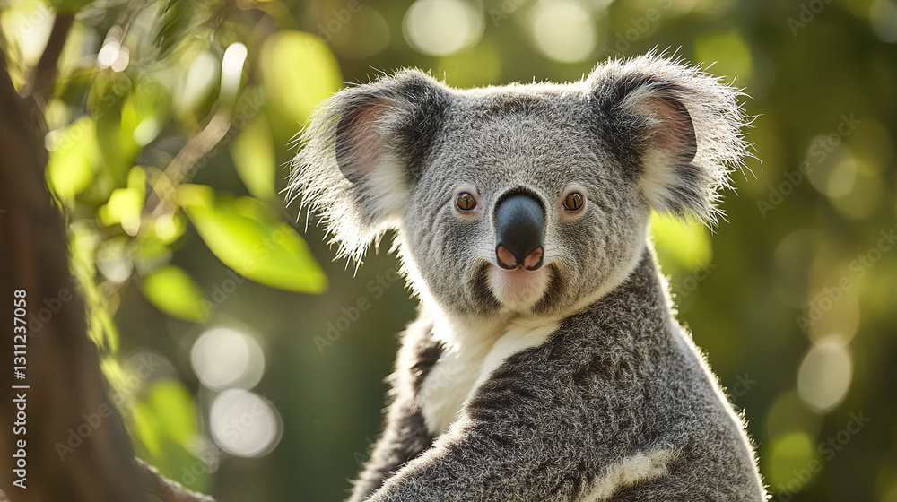 Fototapeta premium Majestic koala with thick gray fur in sunlit forest setting
