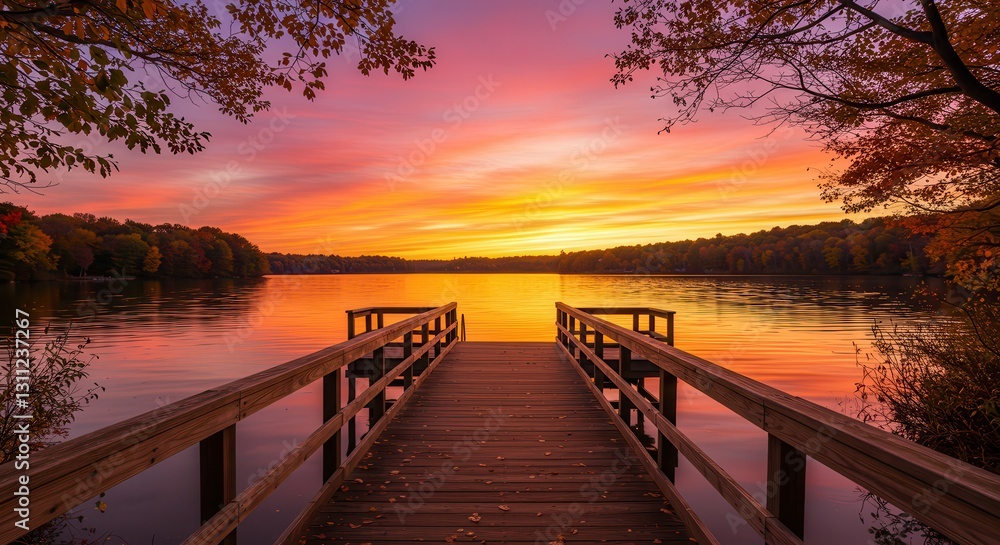 Fototapeta premium Wooden Pier Leading to Lake at Colorful Sunset in Autumn