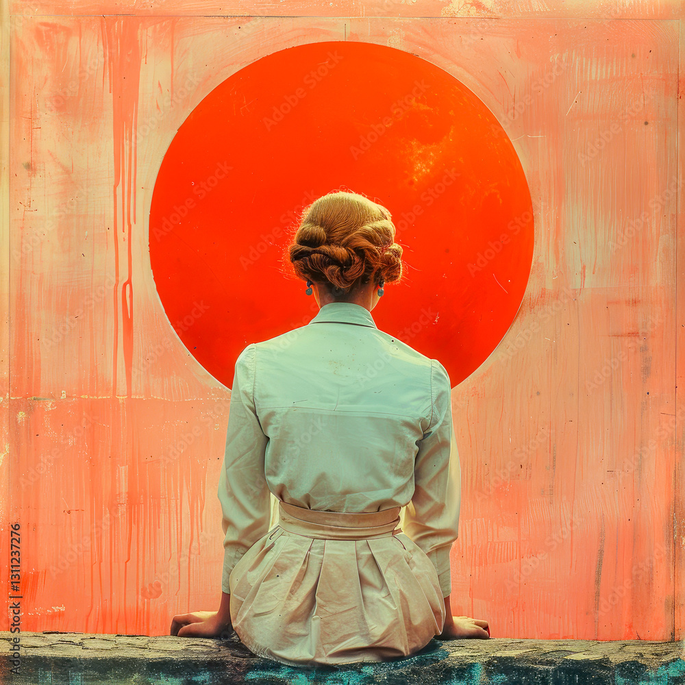 Fototapeta premium The back of a woman in an elegant posture framed against a large sun, this striking image highlights themes of solitude and contemplation.