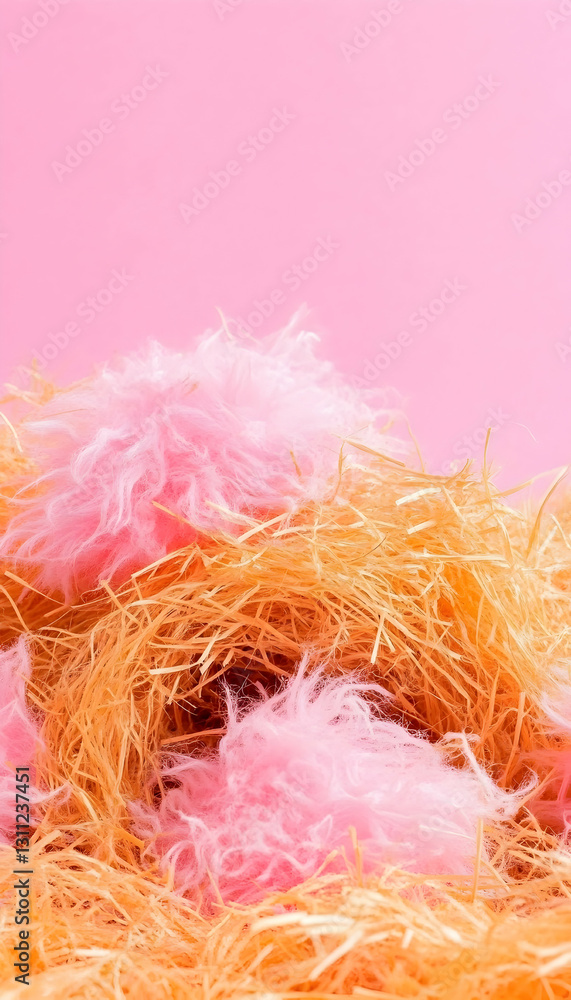 Feathers Resting Pink Fluff on Gold Easter Straw Against Plain Pink Background Feathers Resting Pink Fluff on Gold Easter Straw Against Plain Pink Background