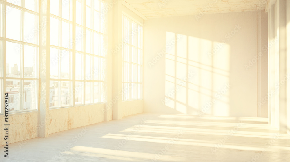 Sunlit spacious empty room with large windows and wooden floor Sunlit spacious empty room with large windows and wooden floor