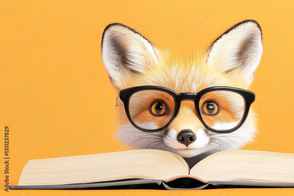 Obraz premium Eager Fox With Glasses Peering Into An Open Book