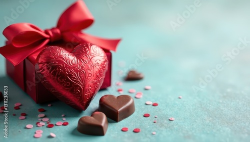 Heart-shaped chocolates, red foil wrappers, ribbon , confectionery, valentines day