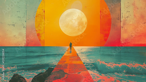 An enigmatic image capturing a figure walking towards a glowing moonlit sea, symbolizing journey and self-discovery in an abstract realm.