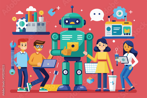 A group of individuals collaborates around a customizable robot in a vibrant workspace setting, People using robots Customizable Flat Illustration