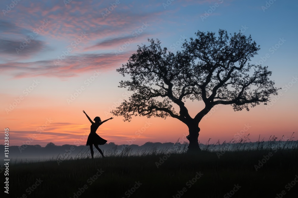 Fototapeta premium Ballerina is dancing at sunrise in a misty field near a lonely tree