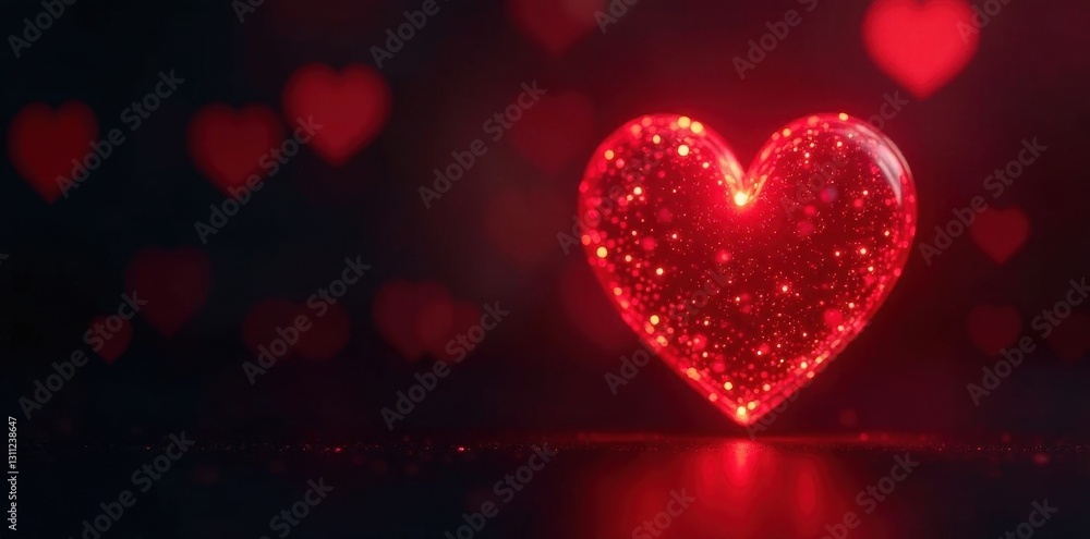 Red heart shaped bokeh, intense glow against black backdrop, love, celebration Red heart shaped bokeh, intense glow against black backdrop, love, celebration