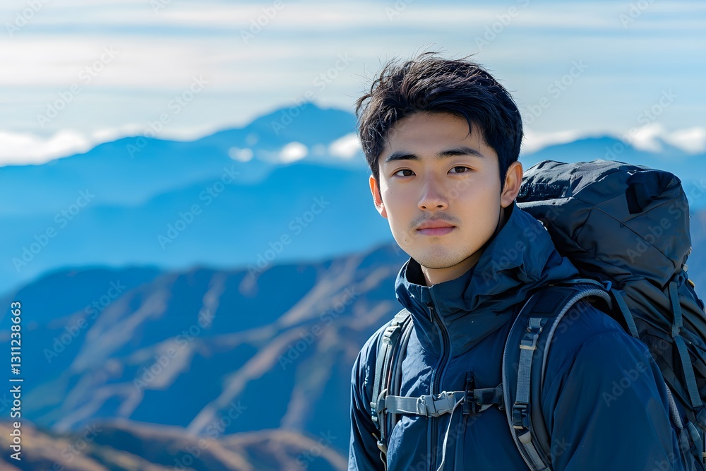 Young man enjoys breathtaking mountain view while hiking outdoors. Generative AI Young man enjoys breathtaking mountain view while hiking outdoors. Generative AI