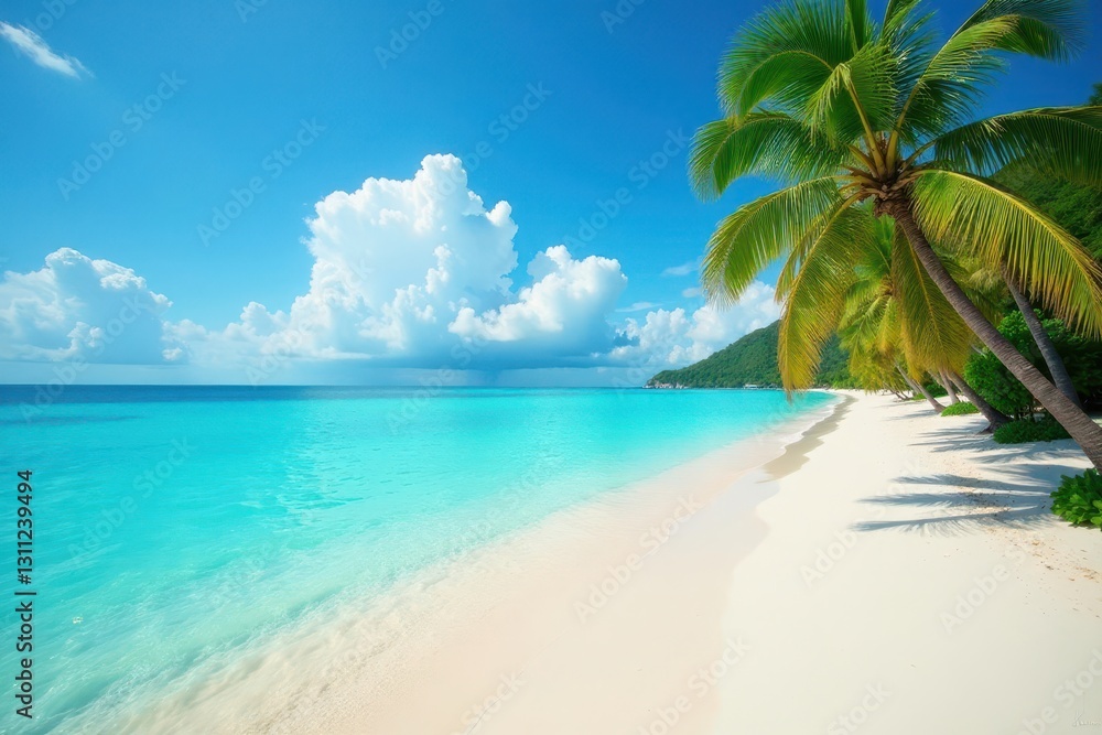 Azure waters lap pristine white sand, lush palms sway gently , beach scene, south pacific Azure waters lap pristine white sand, lush palms sway gently , beach scene, south pacific