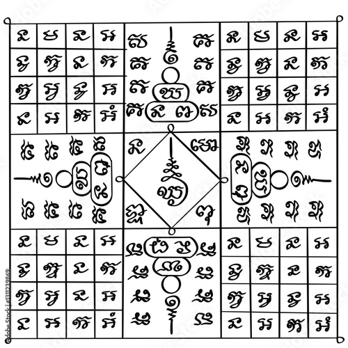 Thai traditional tattoo. The 16 Buddhas Mantra. Thai text translation:  ability to ward off danger, bring good fortune, and promote prosperity.