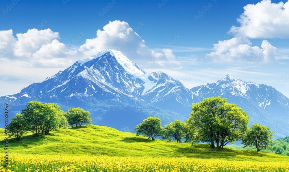 Snowy mountain peak, green meadow, trees, sunny sky Snowy mountain peak, green meadow, trees, sunny sky