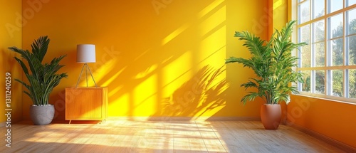 Wallpaper Mural Sunny Yellow Room Interior with Plants and Wooden Cabinet Torontodigital.ca