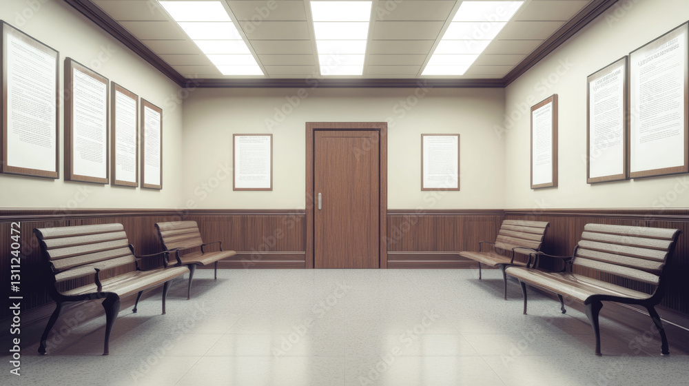 Empty office waiting room with benches and wooden door Empty office waiting room with benches and wooden door