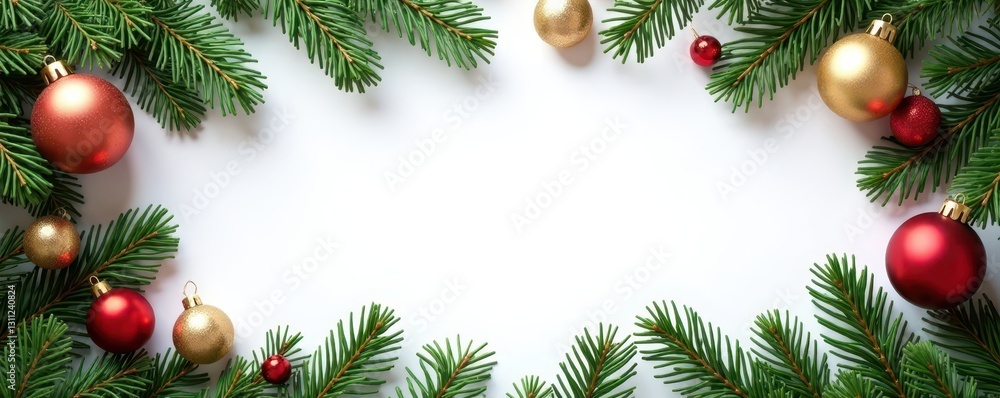 Elegant fir branches & ornaments frame white space , pine, branches Elegant fir branches & ornaments frame white space , pine, branches