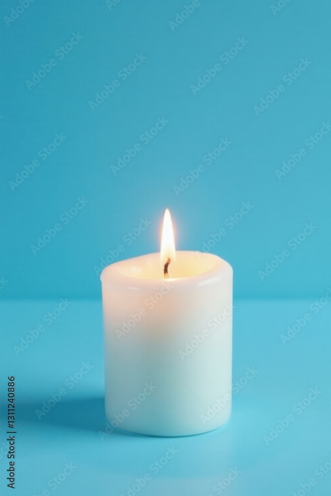 Serene sky blue backdrop, single white wax candle's gentle flame , peace, reflection, small Serene sky blue backdrop, single white wax candle's gentle flame , peace, reflection, small