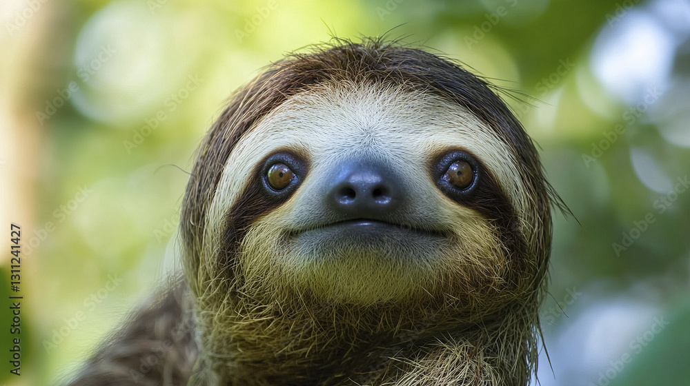 Fototapeta premium Close up of smiling sloth with perked ears in lush green background