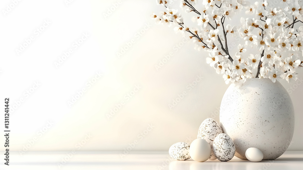 Flowers in vase with eggs on table against wall in bright setting Flowers in vase with eggs on table against wall in bright setting