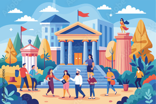 Groups of people are interacting and exploring various exhibits at a history museum in a lively environment, People visiting history museum Customizable Flat Illustration