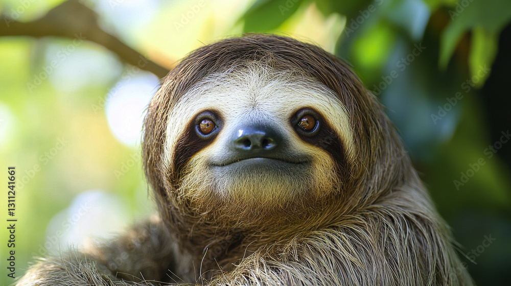sloth with soft fur glows warmly in sunlight