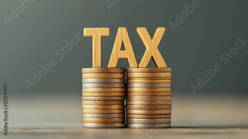 Stacks of golden coins with  Tax  text displayed prominently representing the concepts of financial taxation tax planning and tax management for individuals and businesses