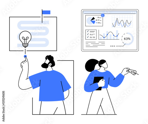 Figures collaborate on innovation process. Includes analytics chart, strategy path, and brainstorming. Ideal for teamwork, planning, analytics, brainstorming, problem-solving education innovation