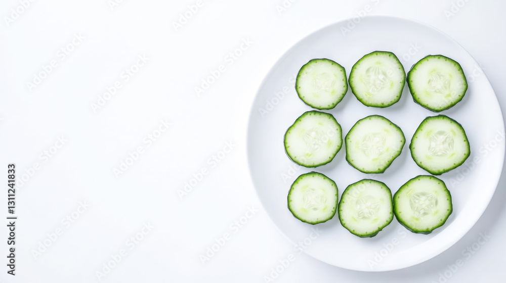 Fresh cucumber slices on white plate against minimalist background Fresh cucumber slices on white plate against minimalist background