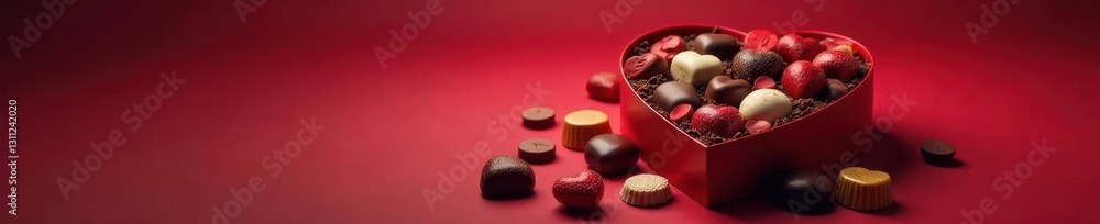 Elegant heart box overflowing with assorted chocolates , gift, treat, white Elegant heart box overflowing with assorted chocolates , gift, treat, white