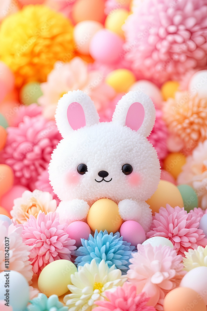 Obraz premium Fluffy Bunny Amidst Pastel Easter Eggs and Flowers