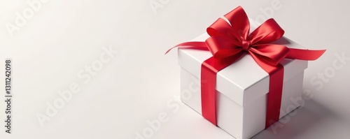 Elegant white gift box, adorned with a vibrant red ribbon bow , white, gift, close-up