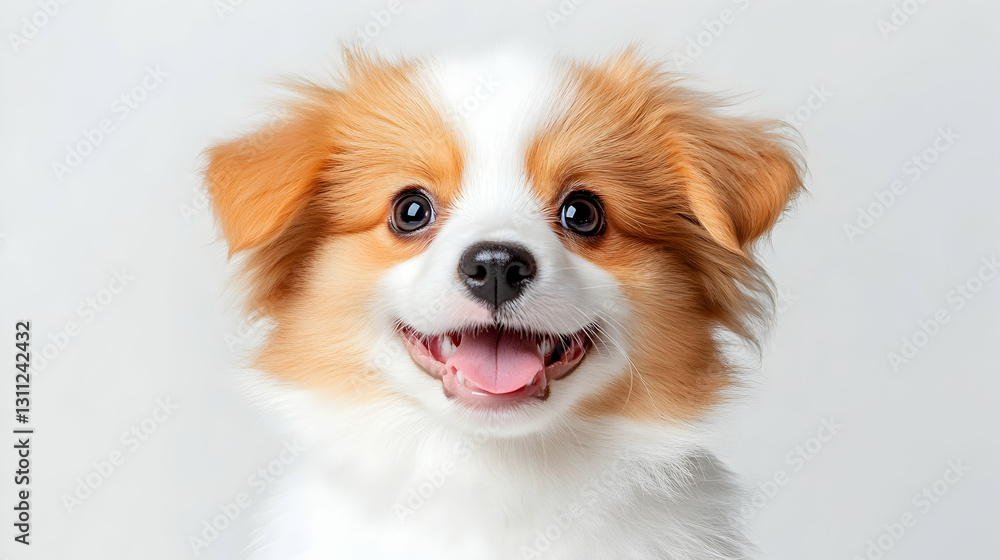 Fluffy Puppy Smiling on White Background, Small Breed, Orange and White Fur Fluffy Puppy Smiling on White Background, Small Breed, Orange and White Fur