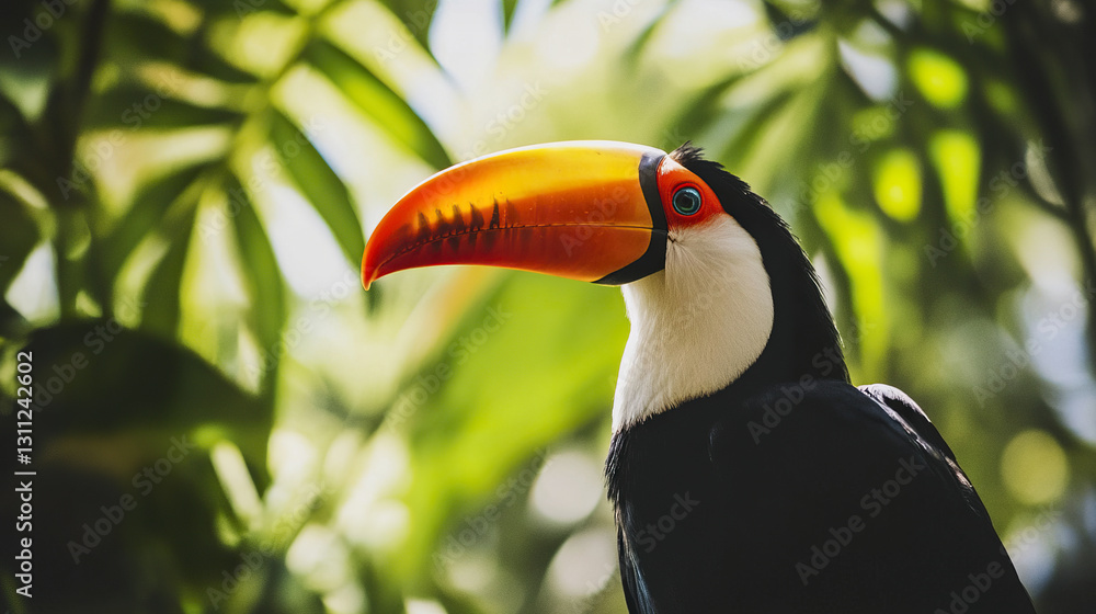 Fototapeta premium Majestic toucan with vibrant beak in lush green foliage