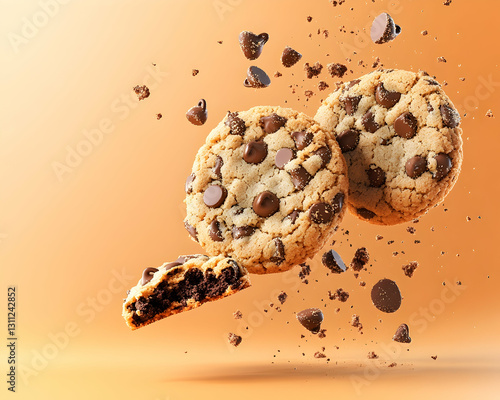 Flying chocolate chip cookies crumbs on orange background. Delicious! photo