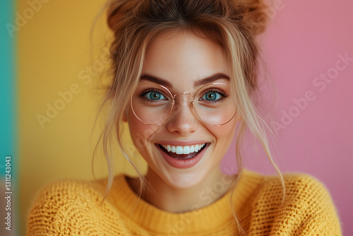 A joyful woman with glasses and a bright smile, wearing a yellow sweater against a vibrant background