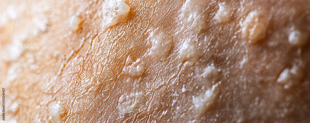 Obraz premium A detailed macro photograph of human skin showing a rough irritated texture with small bumps and redness, representing dermatological conditions like rash, allergy, or dermatitis.