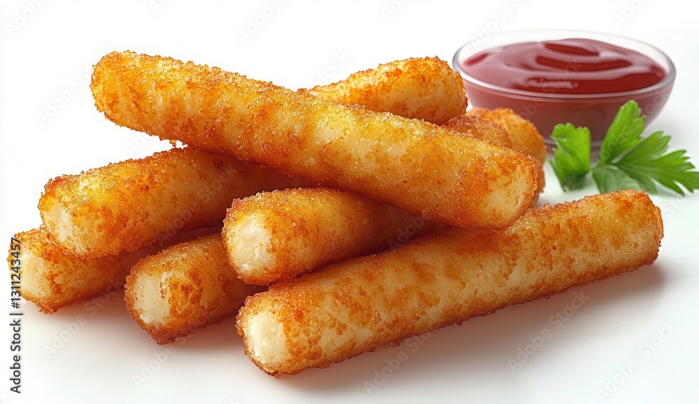 A pile of small golden mozzarella sticks on a white background, food photography, realistic, high resolution A pile of small golden mozzarella sticks on a white background, food photography, realistic, high resolution