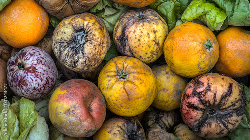 Close-up of a pile of discarded fruits and vegetables, highlighting food waste issues photo