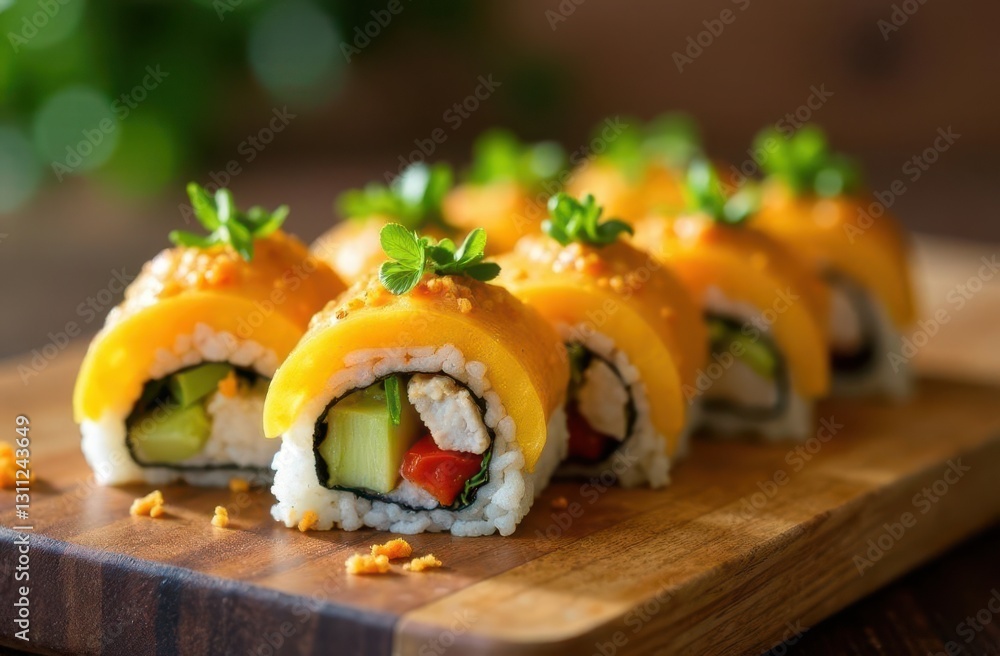 Fresh sushi rolls topped with vibrant ingredients in a cozy setting Fresh sushi rolls topped with vibrant ingredients in a cozy setting