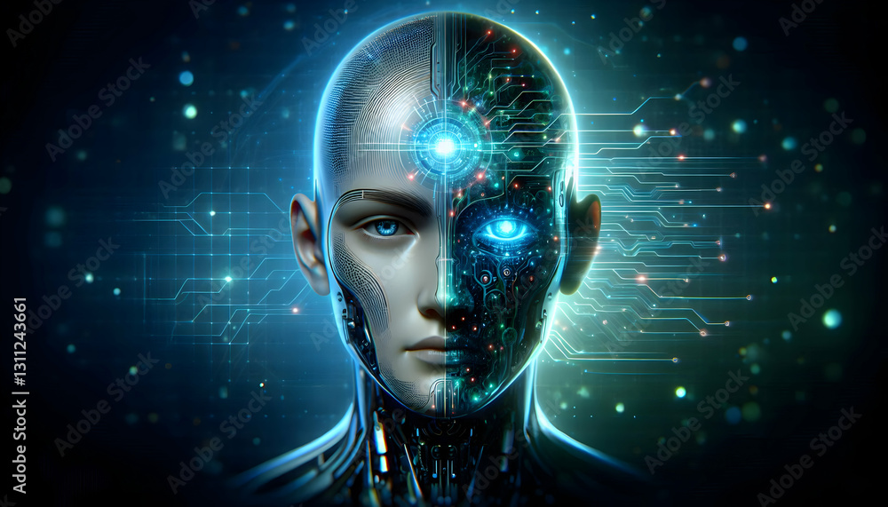 Consciousness Futuristic AI-human hybrid head with a half-digital, half-organic face, where the brain is a glowing1 Consciousness Futuristic AI-human hybrid head with a half-digital, half-organic face, where the brain is a glowing1